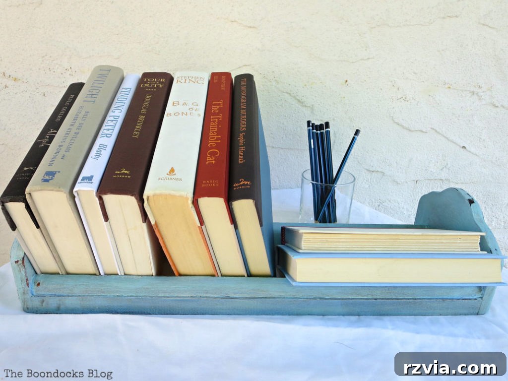 The finished upcycled vintage book shelf.