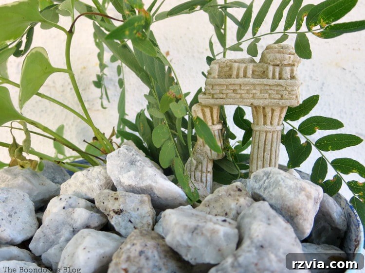 Seaside Style from Salvaged Treasures 14 A vibrant vinca vine freshly planted in the new DIY planter, surrounded by pebbles and a small ruin.
