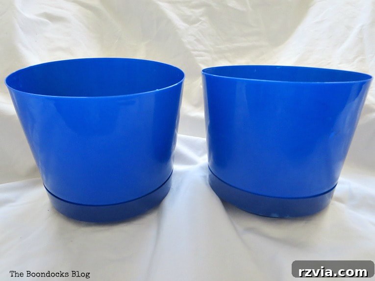 Seaside Style from Salvaged Treasures 8 Two identical blue plastic planters from a discount store, perfect for upcycling projects.