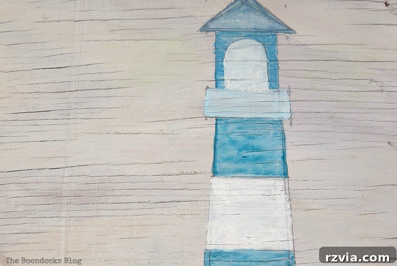 Coastal Creations from Repurposed Finds 9 A charming watercolor painting of a lighthouse, hand-drawn for the beach wall art