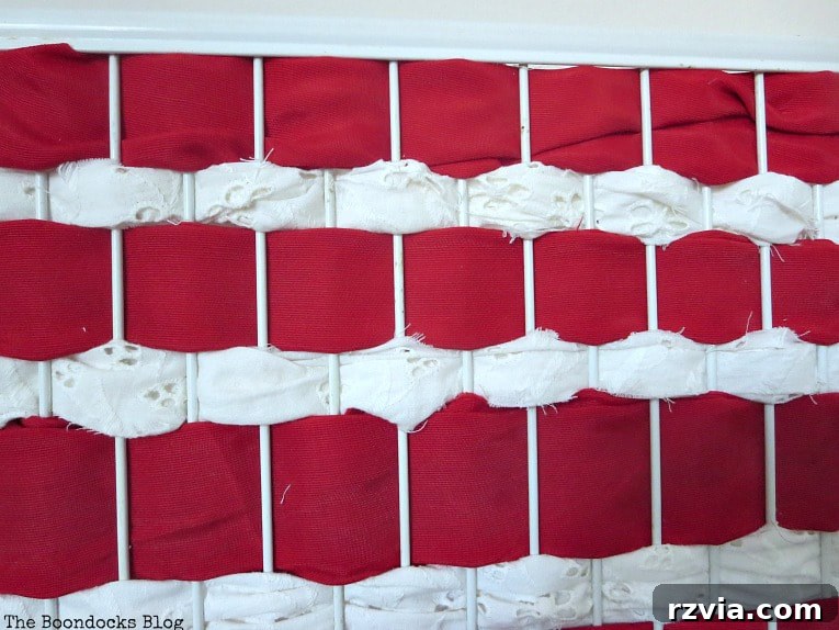 Simple Patriotic Fabric Art from Scraps 11 Close up of red and white woven fabric strips in patriotic decor