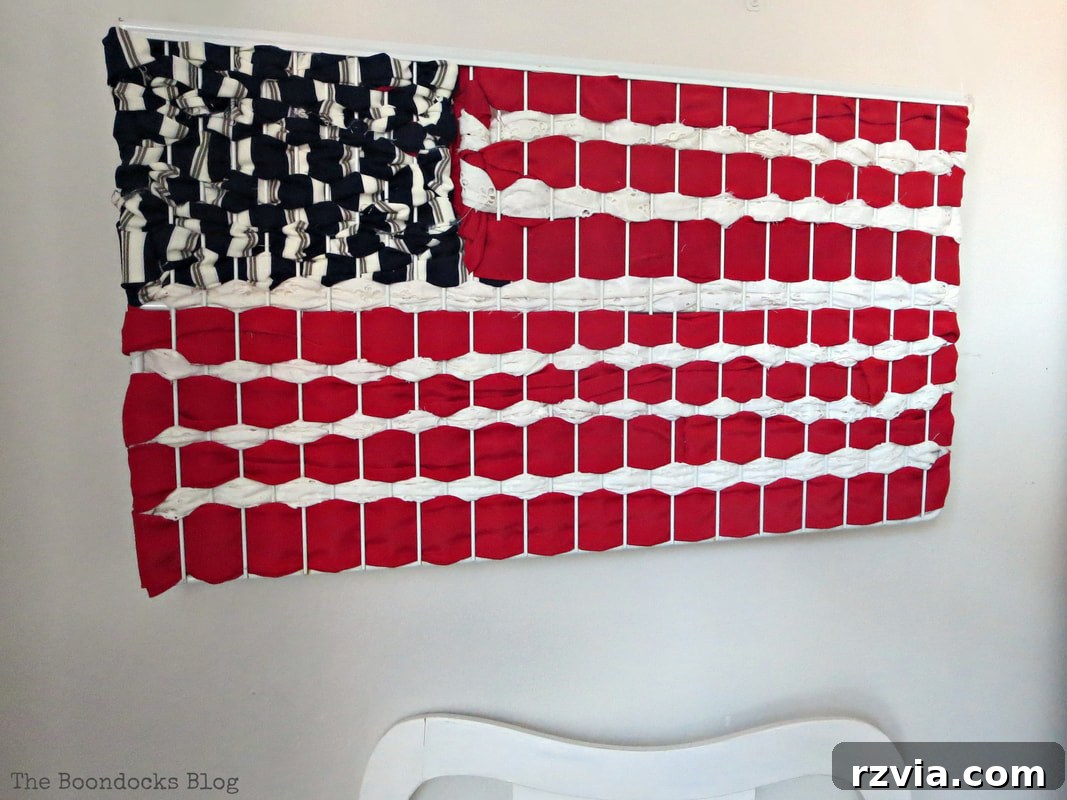 Simple Patriotic Fabric Art from Scraps 12 Finished American Flag art from upcycled fabric scraps, handmade patriotic decor