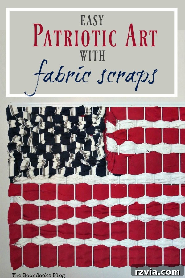 Simple Patriotic Fabric Art from Scraps 15 Finished patriotic art of American Flag made with fabric scraps, #Art #PatrioticArt #PopArt #Fabriccraft #repurposing How to Make Easy Patriotic Art with Fabric Scraps www.theboondooksblog.com