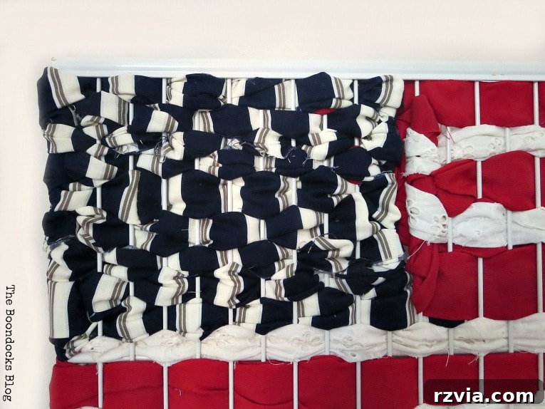 Simple Patriotic Fabric Art from Scraps 10 Close-up of blue striped fabric resembling stars in patriotic art