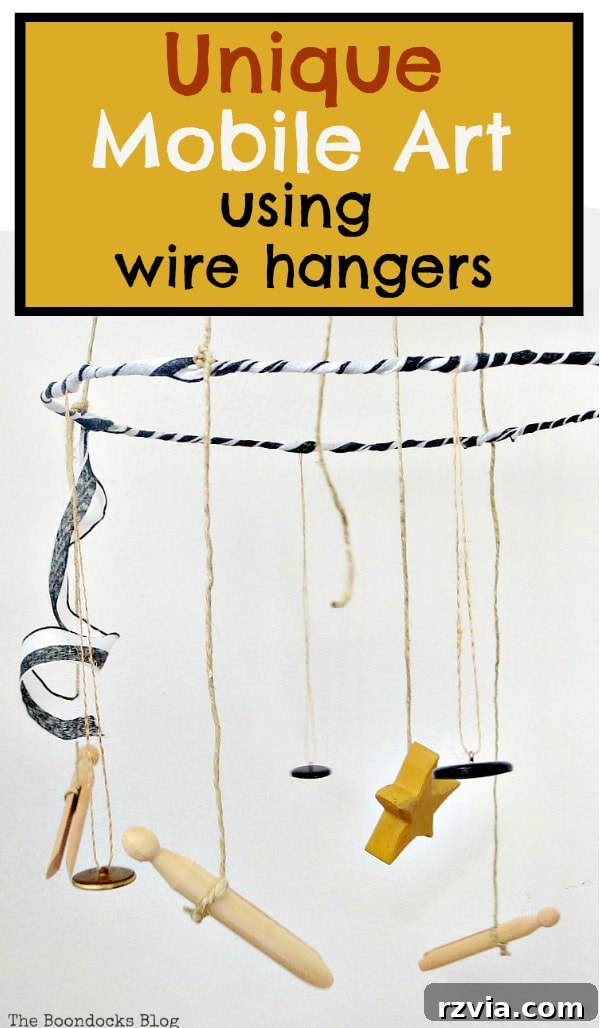 Beyond the Closet: Crafting Unique Mobiles from Wire Hangers 23 Unique Mobile Art using wire hangers text over mobile art with three tiers made with wire hangers, a wicker plate charger and twine, embellished with buttons, ribbon and a bouquet,