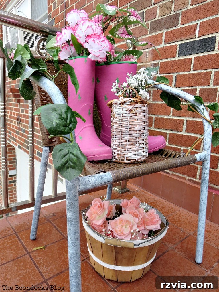 Rattan Revival: Creative Ideas for Your Damaged Chair 2 A beautifully repurposed torn rattan chair now serving as a display stand for decorative items, enhancing a front patio's aesthetic.