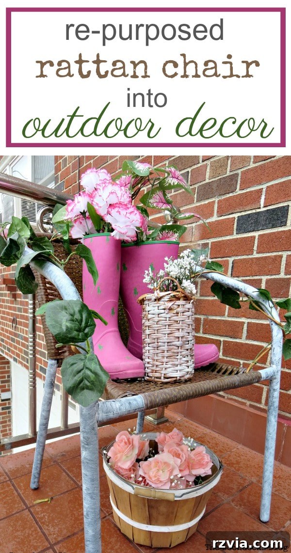 Rattan Revival: Creative Ideas for Your Damaged Chair 15 A Pinterest-friendly image of the repurposed rattan chair with boots, wicker bottle holder, and flowers, perfect for outdoor decor inspiration.