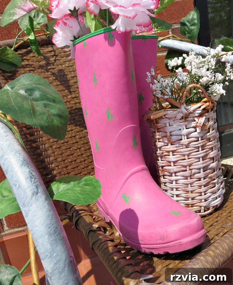 Rattan Revival: Creative Ideas for Your Damaged Chair 8 Repurposed rubber boots holding faux flowers, positioned on the rattan chair as part of the decor.