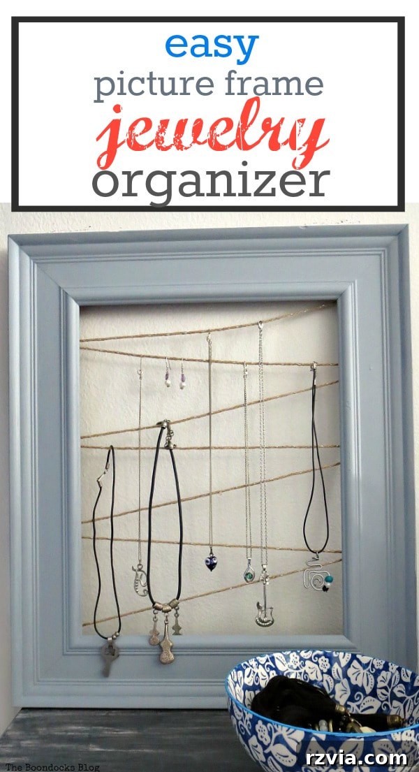 Final Pinterest graphic for the DIY frame jewelry organizer, highlighting its easy and budget-friendly nature and appealing design.