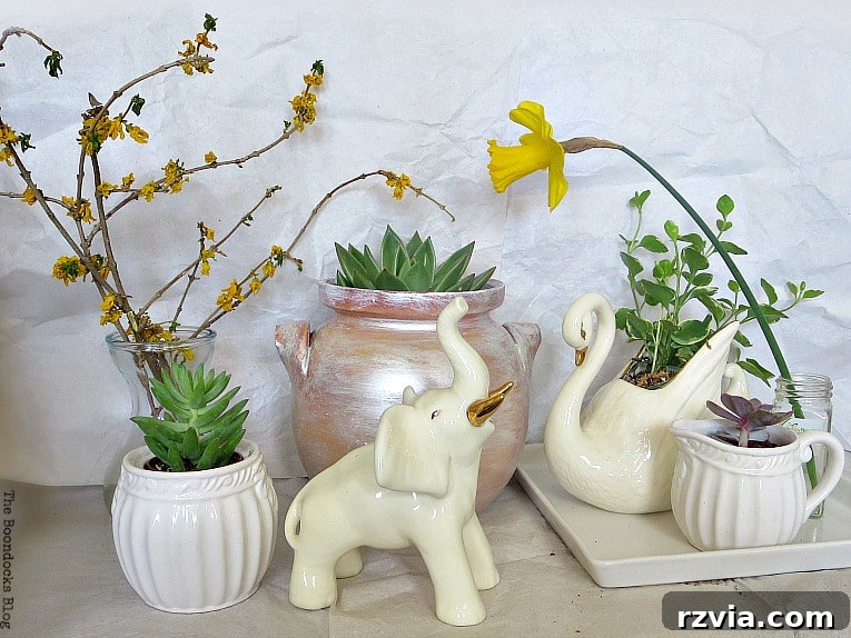 Beyond the Bin: DIY Upcycled Planters 14 A beautifully arranged plant vignette featuring a mix of repurposed household items and diverse plants, highlighting creative gardening ideas.