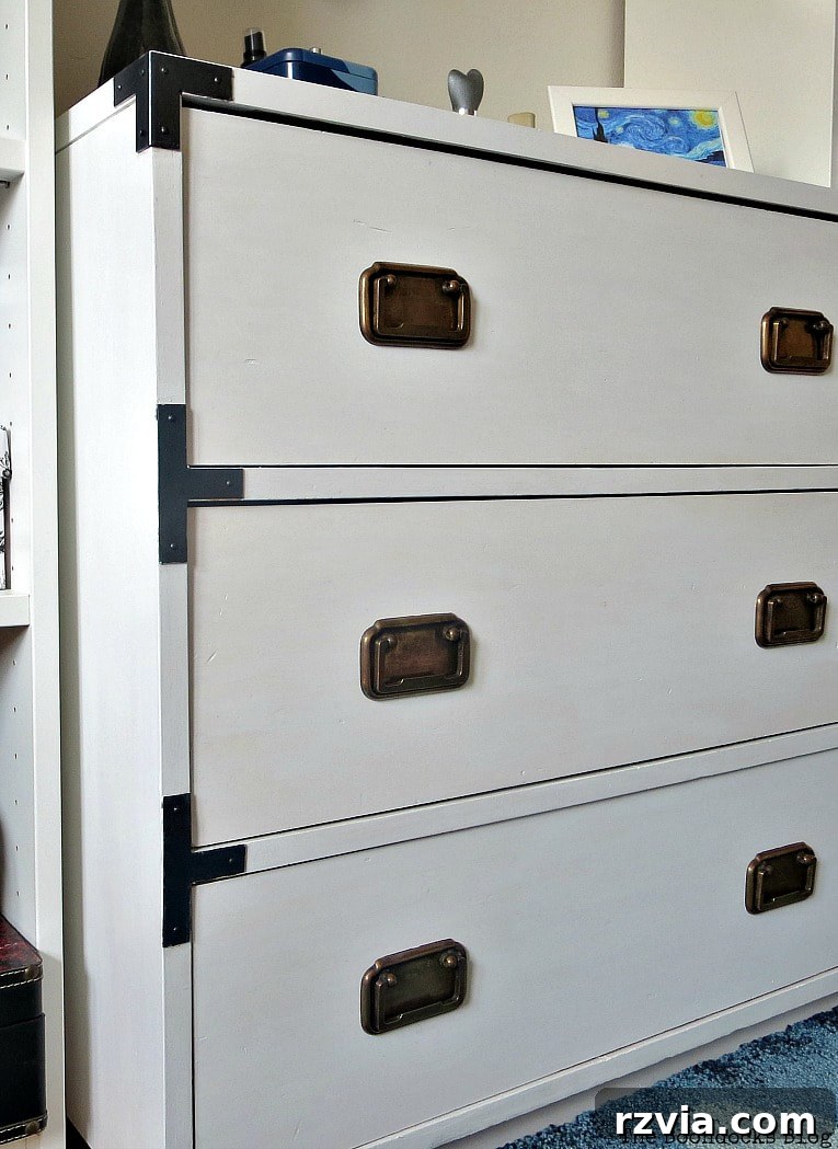Bringing a Campaign Dresser Back to Life 11 Angled perspective of the newly painted dresser, showcasing its modern and clean lines.