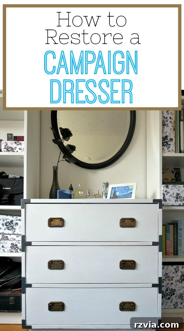 Bringing a Campaign Dresser Back to Life 16 Pinterest pin graphic: 'How to Restore a Campaign Dresser' overlay on the image of the restored white dresser flanked by bookcases.