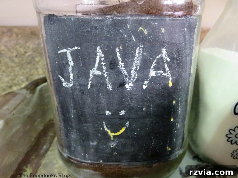 Crafting Your Charmingly Casual Coffee Nook 16 The finished chalkboard label on a jar, showing an uneven and slightly smudged appearance, indicating a DIY setback.