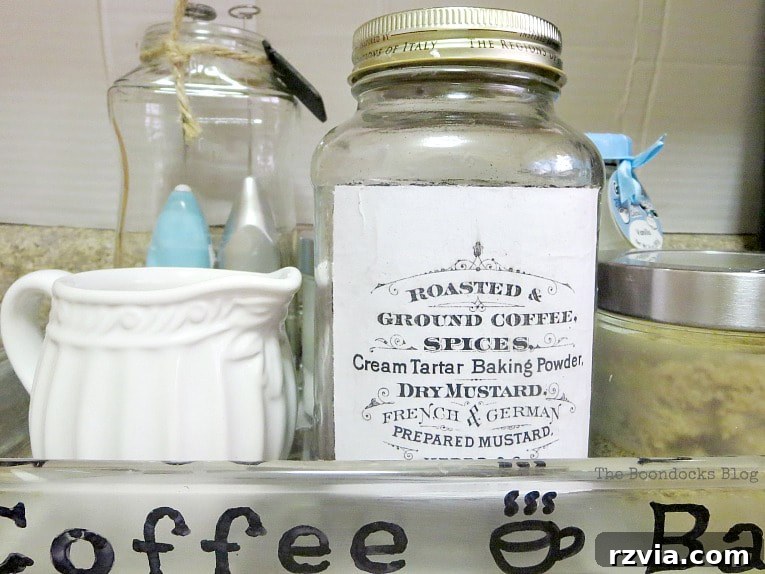 Crafting Your Charmingly Casual Coffee Nook 18 Applying the printed label onto a glass jar using Mod Podge, ensuring a smooth and secure attachment.