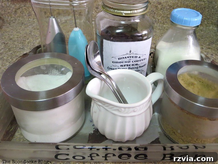 Crafting Your Charmingly Casual Coffee Nook 20 All essential coffee supplies neatly arranged in the finished upcycled coffee bar station on the counter.