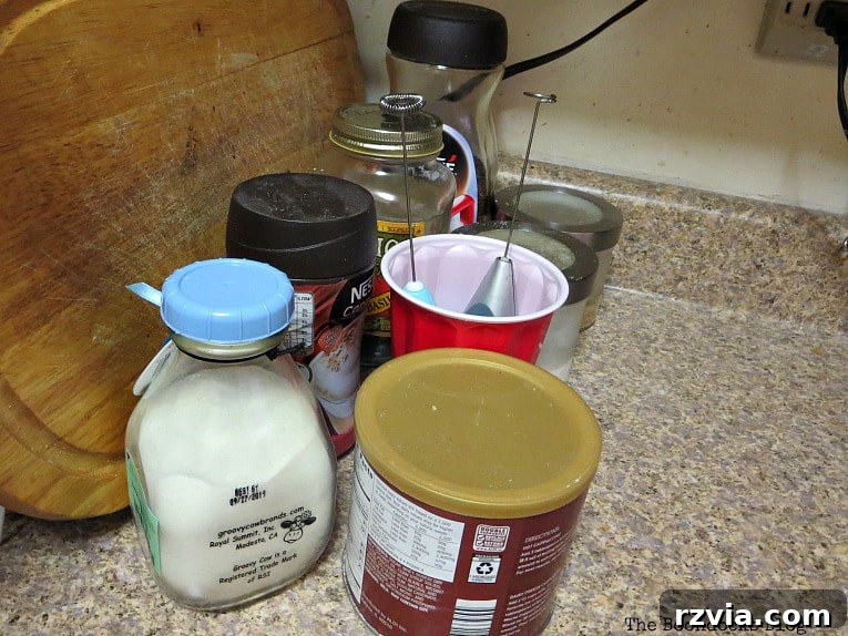 Crafting Your Charmingly Casual Coffee Nook 3 Disorganized coffee and sugar items on a kitchen counter before the DIY coffee bar project.