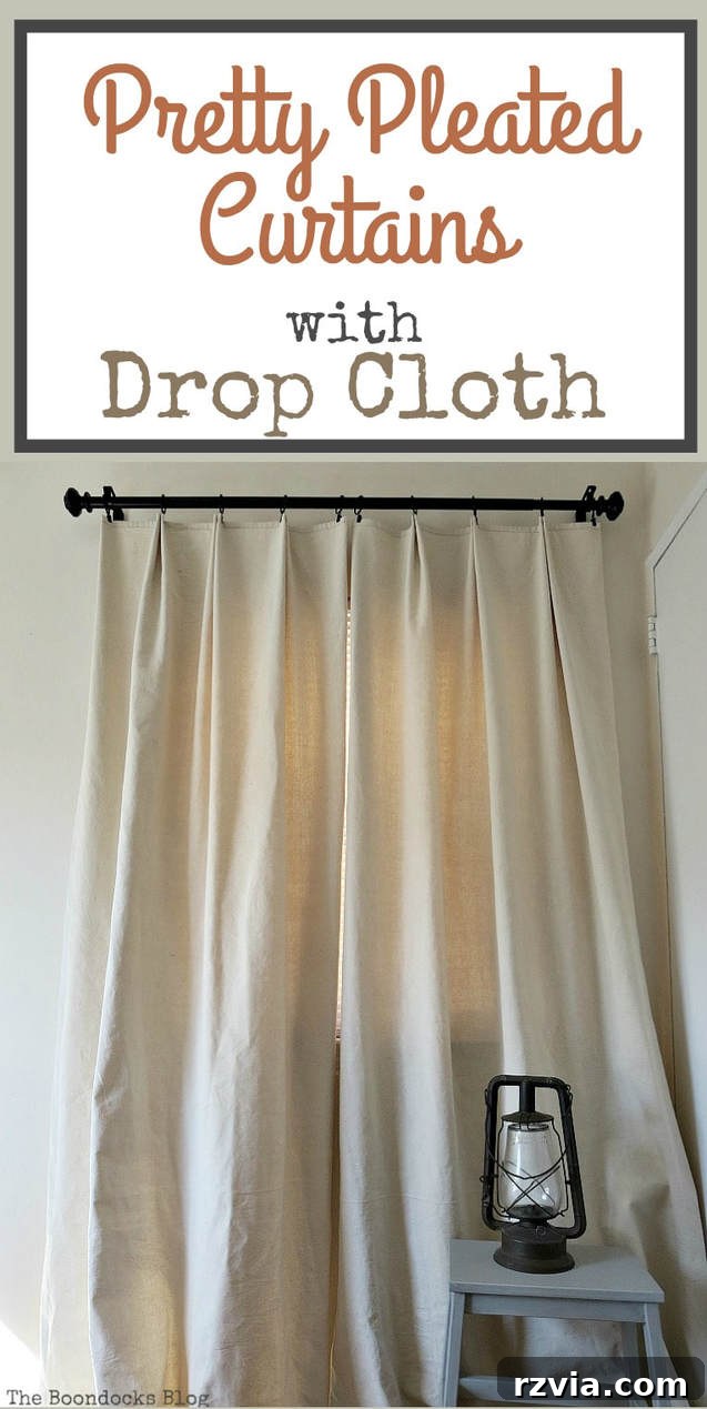Crafting Elegant Pleated Curtains from Humble Drop Cloths 20 Finished handmade drop cloth curtains mounted on a black rod, featuring elegant pleats and a rich, natural texture, transforming the room's aesthetic.