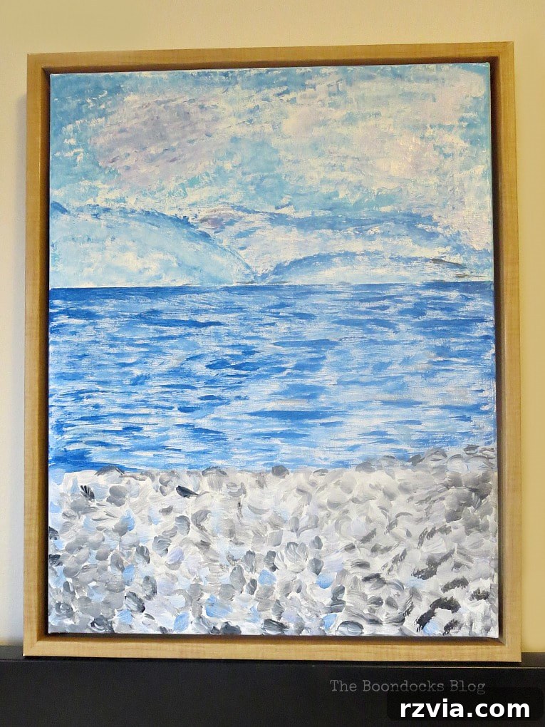 Impressionism Made Simple: A Painting Tutorial 13 Completed DIY seaside Impressionist painting, showcasing the successful covering of the original print