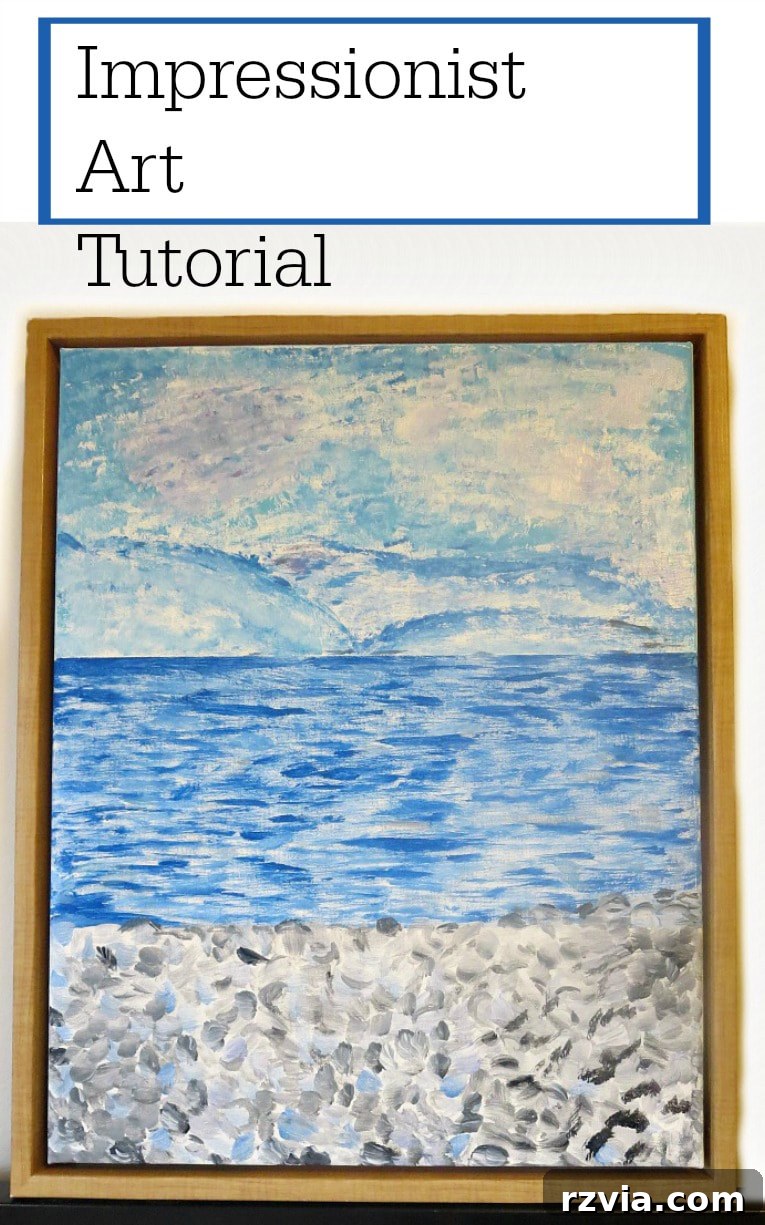 Impressionism Made Simple: A Painting Tutorial 19 Pinterest pin for DIY Impressionist seaside painting tutorial, featuring keywords like #ArtTutorial, #Monet, #ImpressionistArt, #Bluecolors, #Sealandscape, #Painting