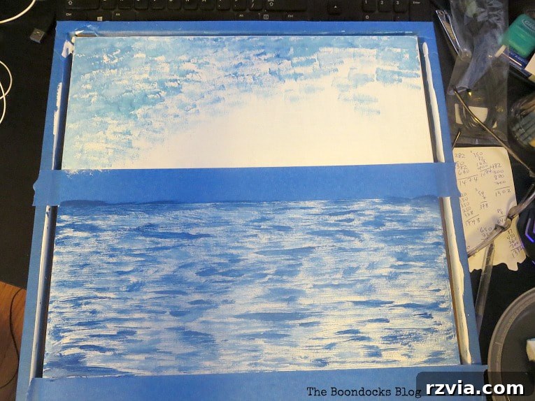 Impressionism Made Simple: A Painting Tutorial 9 Applying turquoise and blue acrylics with a sponge brush for a textured Impressionist sky