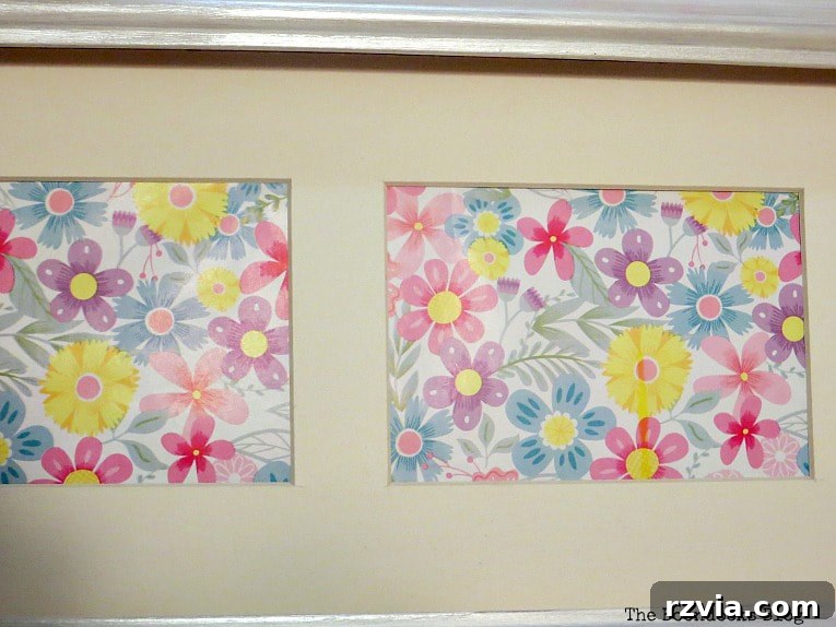 Your Home's Instant Spring Art Makeover 9 Close up of a floral wrapping paper design, being considered for spring artwork in a picture frame.