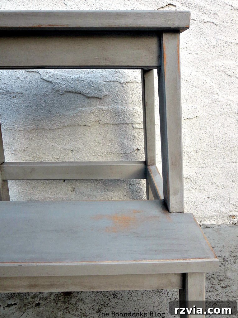 Your Ikea Bekvam Step Stool Reinvented 15 Close-up of the distressed step stool, highlighting the textured finish and subtle wear details.