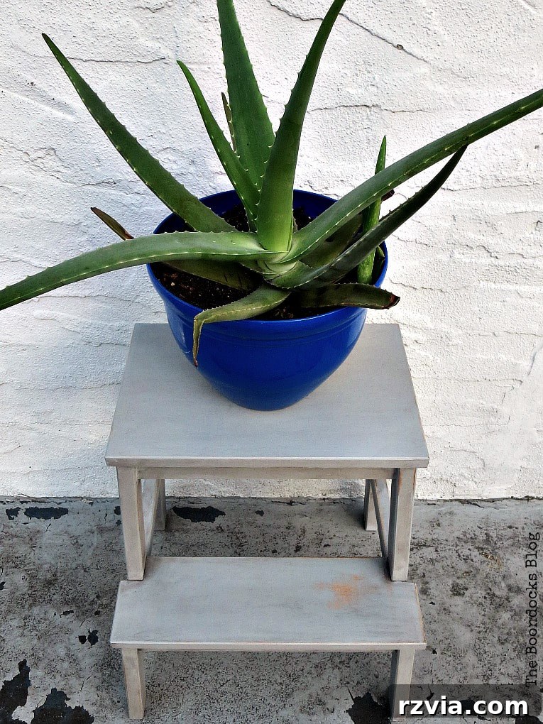 Your Ikea Bekvam Step Stool Reinvented 18 A vibrant blue planter filled with an aloe plant, elegantly displayed on top of the newly painted Ikea Bekvam step stool.