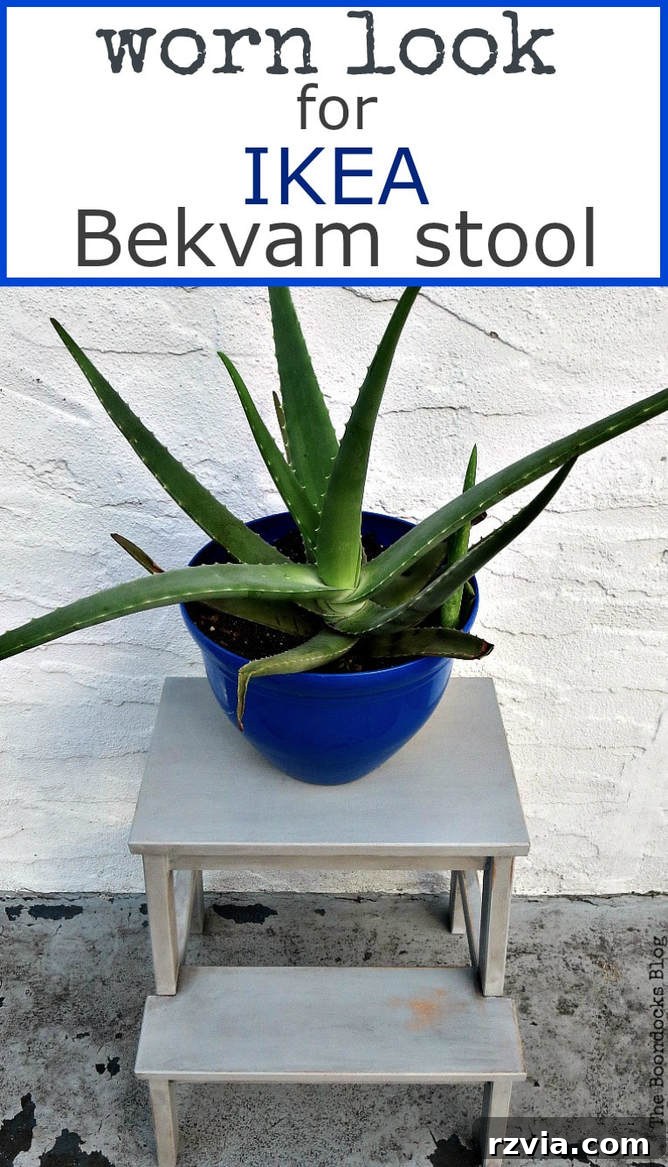 Your Ikea Bekvam Step Stool Reinvented 20 A charming blue planter atop the finished Ikea Bekvam step stool, with a text overlay: "Worn Look for Ikea Bekvam Stool." Perfect for inspiring DIY enthusiasts.
