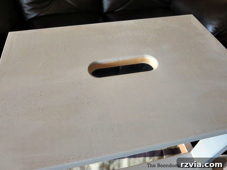 Your Ikea Bekvam Step Stool Reinvented 7 Close-up view of the top of the Ikea Bekvam step stool, now beautifully painted in a custom warm gray.