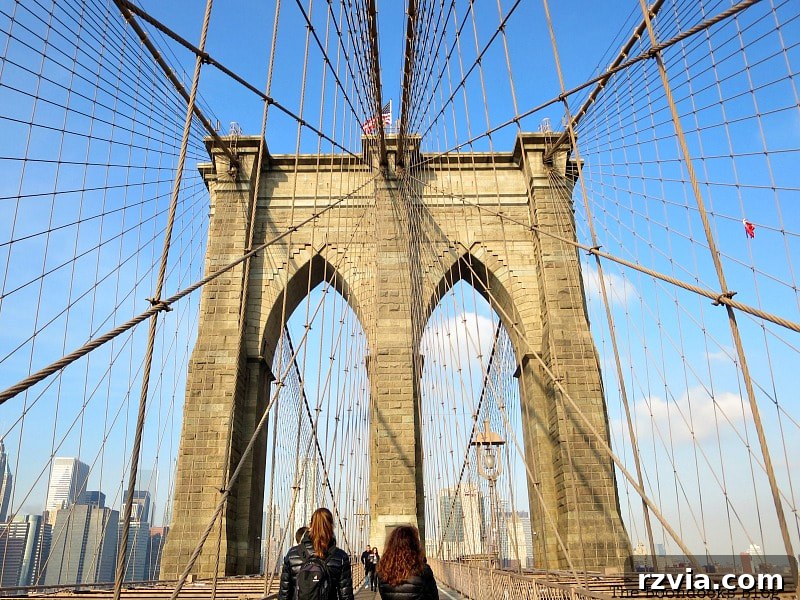 Majestic Brooklyn Bridge Towers against a cityscape, beckoning visitors to its historic walkway. A Tour of the Astonishing Brooklyn Bridge Walkway.