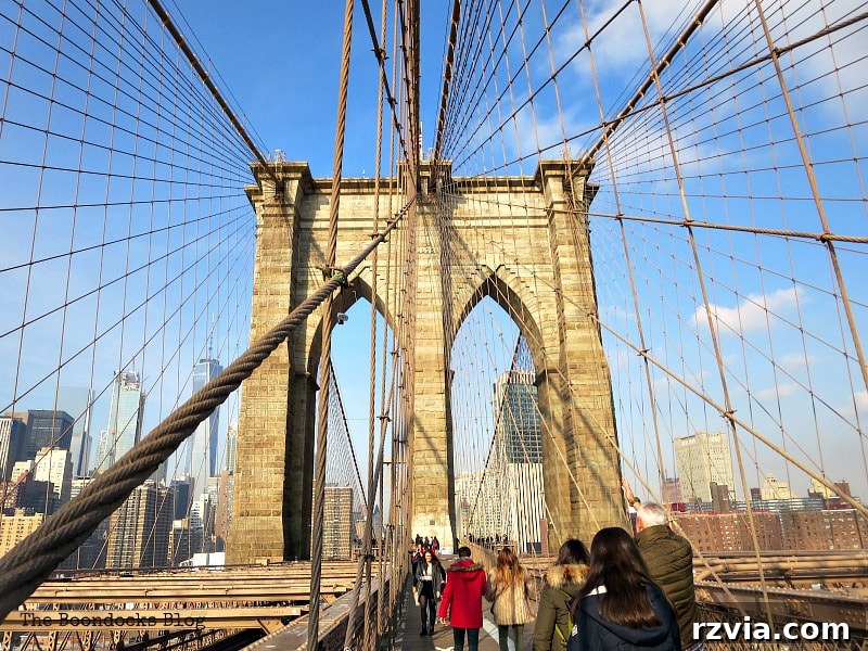 The lively Brooklyn Bridge walkway filled with tourists and native New Yorkers, all enjoying the scenic crossing. A Tour of the Astonishing Brooklyn Bridge Walkway.