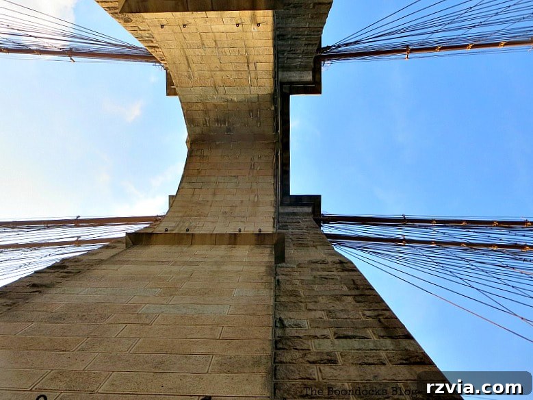 Standing underneath one of the massive towers of the Brooklyn Bridge, appreciating its historic engineering and architectural grandeur. A Tour of the Astonishing Brooklyn Bridge Walkway.