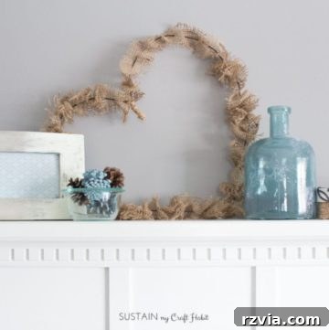 Easy DIY rustic heart wreath crafted from wire and burlap, ideal for Valentine's Day decor or year-round farmhouse charm.