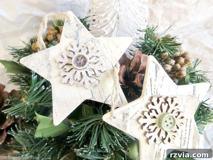Two finished rustic birch star Christmas ornaments, displayed together to show variety and charm.