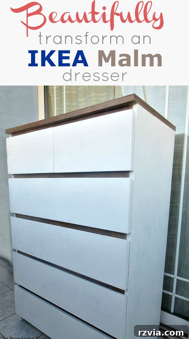 Stunning Black Ikea Malm Dresser Makeovers 25 Pinterest graphic: How to paint and up-cycle a black Ikea Malm dresser beautifully and transform it into a white and walnut farmhouse look, #paintedfurniture #furnitureupcycle #dressermakeover #ikeahack #Ikeamalmdresser #farmhousestyledresser #walnutstain How To Beautifully Transform an Ikea Malm Dresser www.theboondocksblog.com