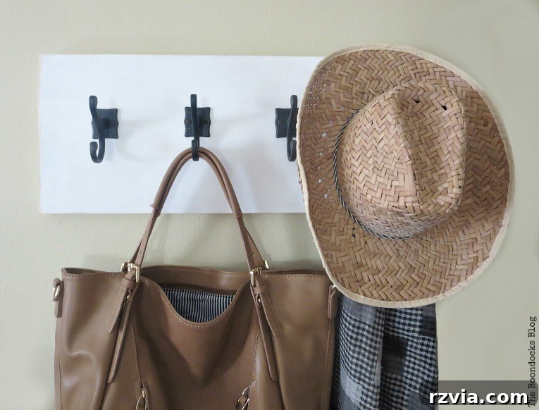 A practical DIY wooden wall hanger on the wall, neatly holding a bag, scarf, and hat on its dark gunmetal hooks, showcasing effective home organization.