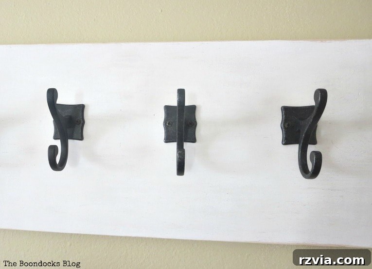 Gorgeous gunmetal hooks securely attached to a white painted wooden board, showcasing the beautiful hardware for a DIY wall hanger project.