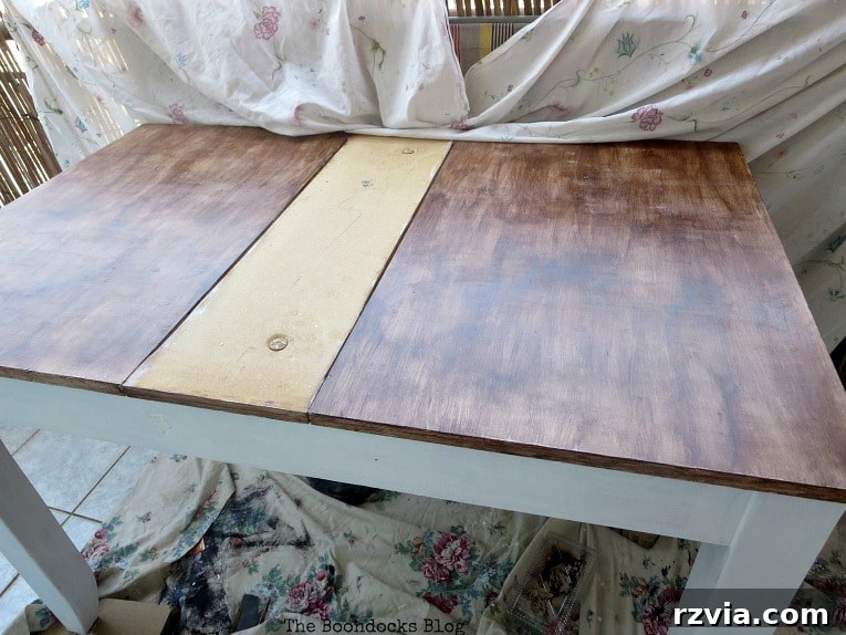 Table leaves after gel stain application, showing depth from varied brushstrokes.