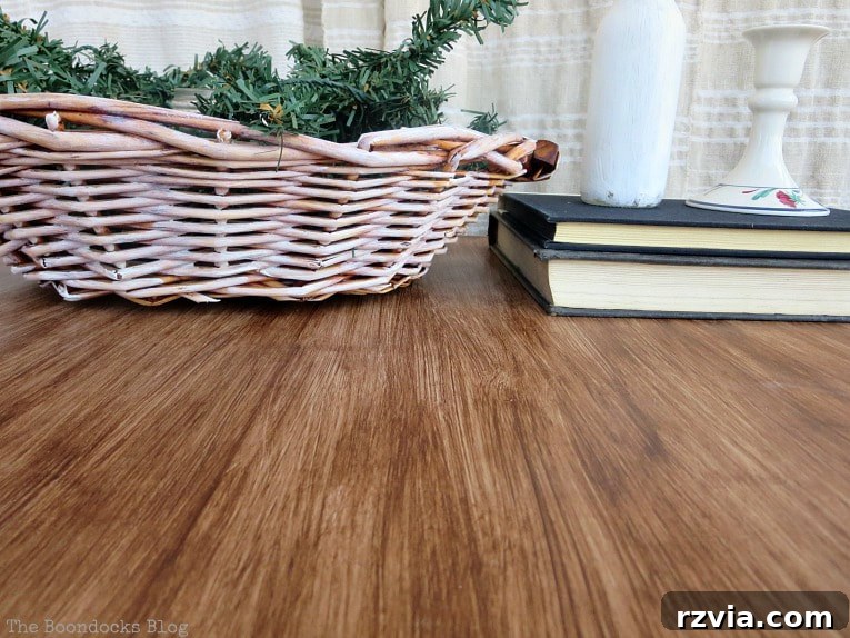 Newly upcycled laminate table after varnishing and curing, ready for use.