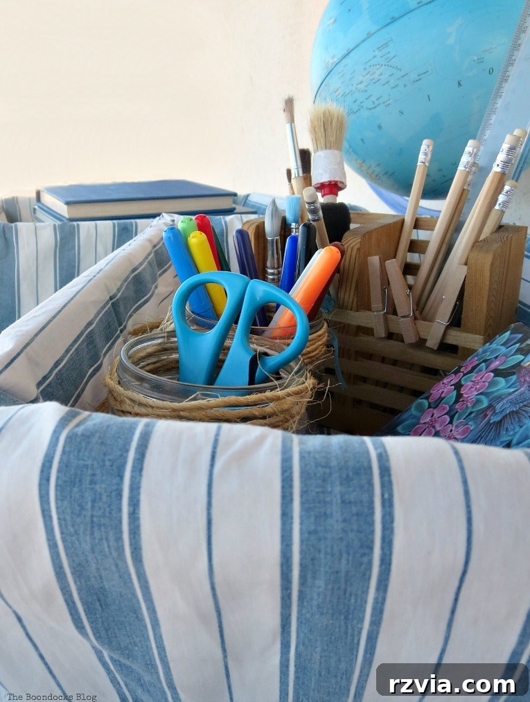 Fabric Fix: Giving New Life to Old Plastic Baskets 15 Close-up of school supplies and books inside the charming fabric-wrapped basket, highlighting the texture of the fabric.