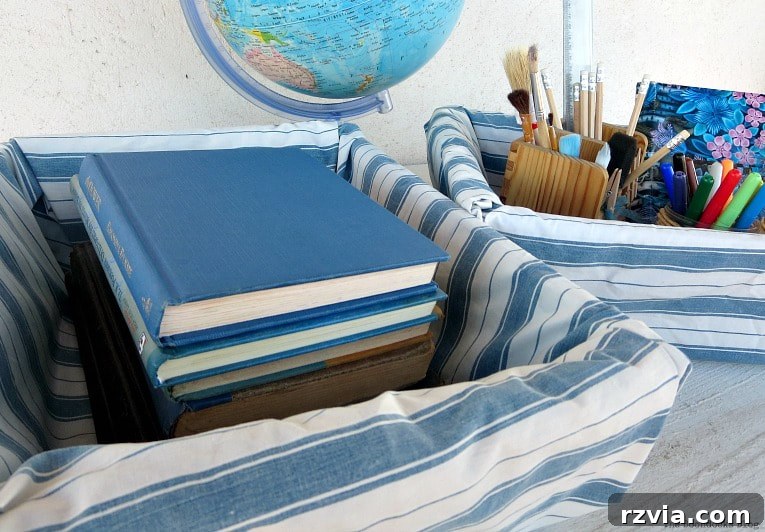 Fabric Fix: Giving New Life to Old Plastic Baskets 16 Another perspective of the upcycled baskets filled with school supplies and books, creating an inviting and organized study space with a globe.