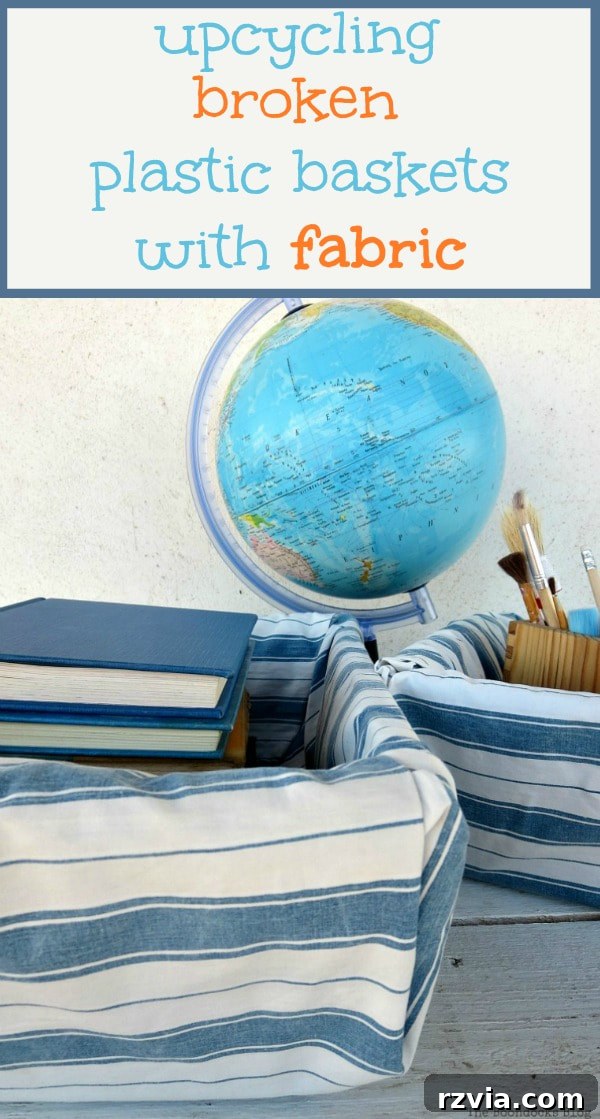 Fabric Fix: Giving New Life to Old Plastic Baskets 18 A Pinterest-optimized image showcasing the before and after of a fabric-wrapped plastic basket, with text overlay: 'Using fabric to cover up defects in a broken plastic basket, #upcycle #fabricupcycle #plasticbins #storagesolutions #easystorage #easyrepair #DIYproject How to Easily Upcycle Broken Plastic Baskets with Fabric www.theboondocksblog.com'