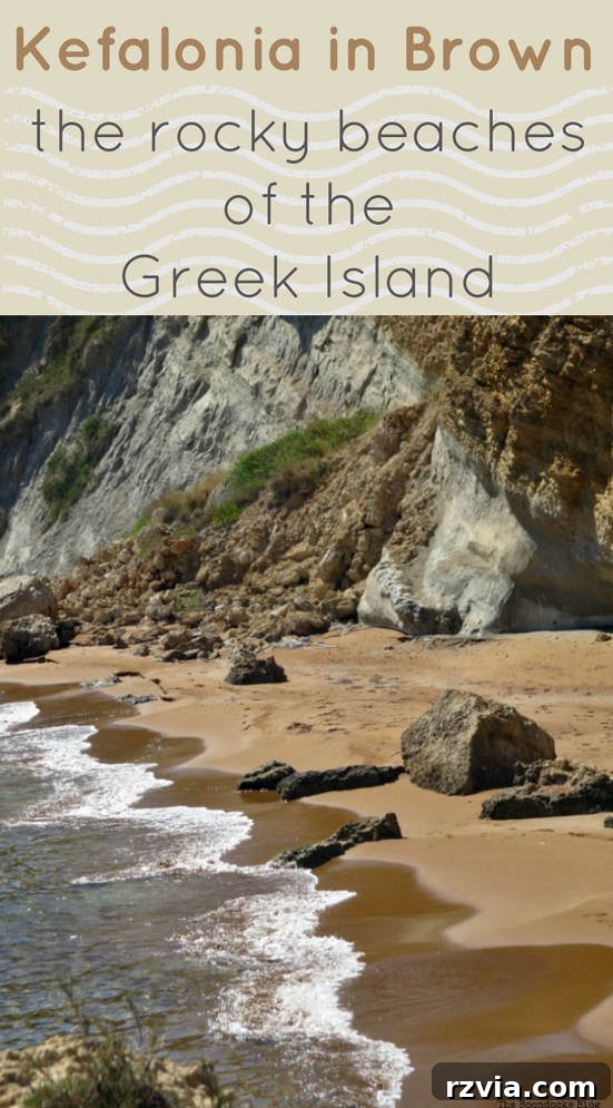 Kefalonia's Rugged Beauty: Where Brown Rocks Meet the Sea 18 Pinterest worthy image for a photo essay on the rocky beaches of Kefalonia, a Greek Ionian Island, featuring hashtags like #kefalonia #greece #travel #aroundtheglobe #greekislands #ioniansea #ionianislands #greekbeaches