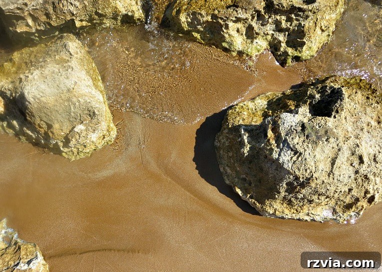 Kefalonia's Rugged Beauty: Where Brown Rocks Meet the Sea 7 Rugged rocks contrasting beautifully with soft brown sand, Kefalonia beach