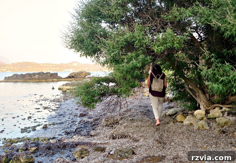 Kefalonia's Rugged Beauty: Where Brown Rocks Meet the Sea 10 Walking along the serene, expansive beaches of Kefalonia, Greece at sunset