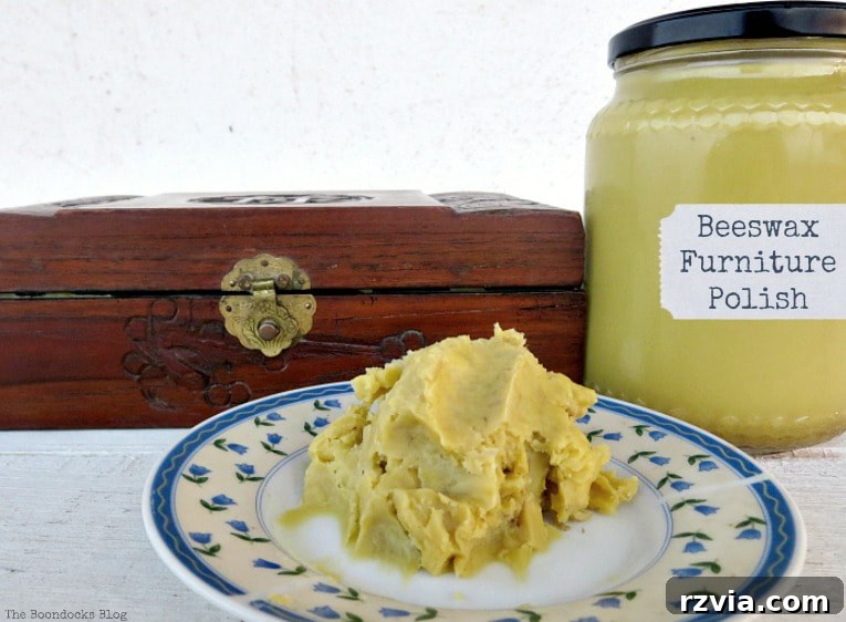 Craft Your Own Natural Beeswax Furniture Polish 2 Wood box, beeswax furniture polish in a jar and on a plate.