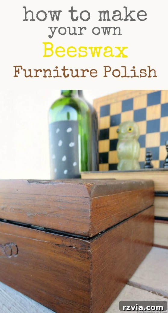 Craft Your Own Natural Beeswax Furniture Polish 17 Close up of the polished wooden box with text overlay saying "how to make your own beeswax furniture polish"
