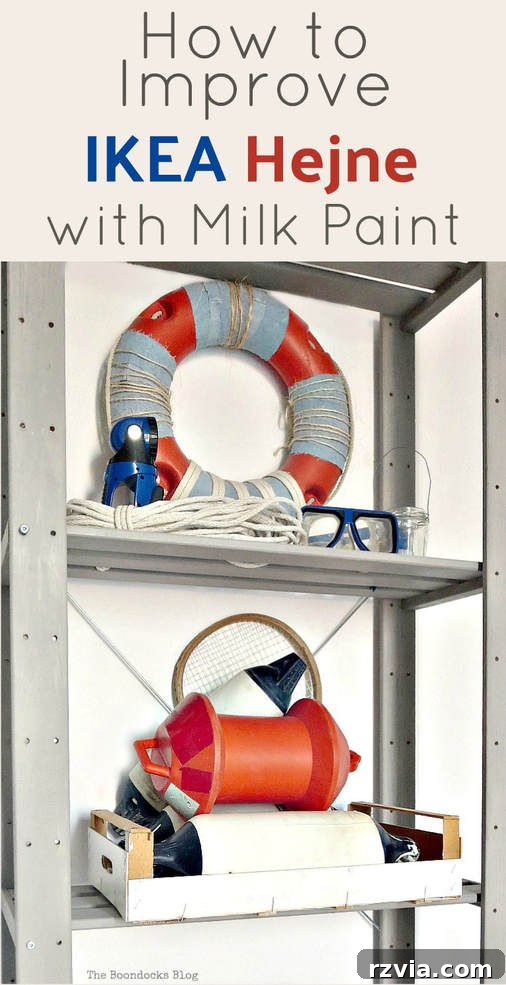 Elevate Your IKEA Hejne Shelf With A Fresh Coat Of Paint 23 Ikea Hejne shelf painted and decorated with nautical themes with text overlay.