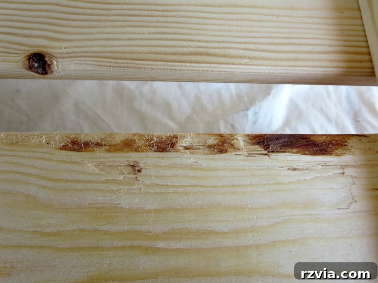 Elevate Your IKEA Hejne Shelf With A Fresh Coat Of Paint 8 Close up of imperfections on the wood shelves.