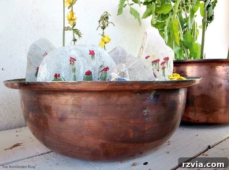 Copper Pot Upcycling Nightmares 11 Rock garden attempt in a copper bowl, demonstrating a less-than-successful DIY project